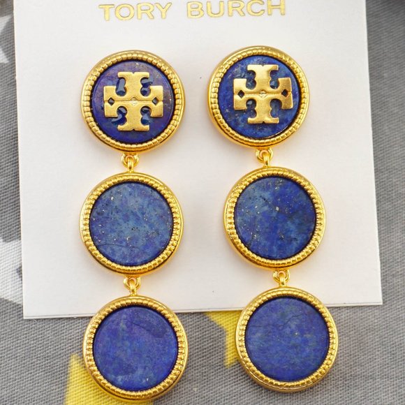 Tory Burch Triple Button Drop Statement Earrings - Semiprecious Blue Lapis - Picture 3 of 6